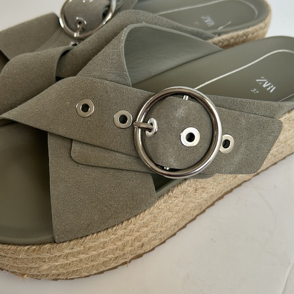 Zara espadrille platform sandal slide silver buckle sage gray green suede - Picture 14 of 16